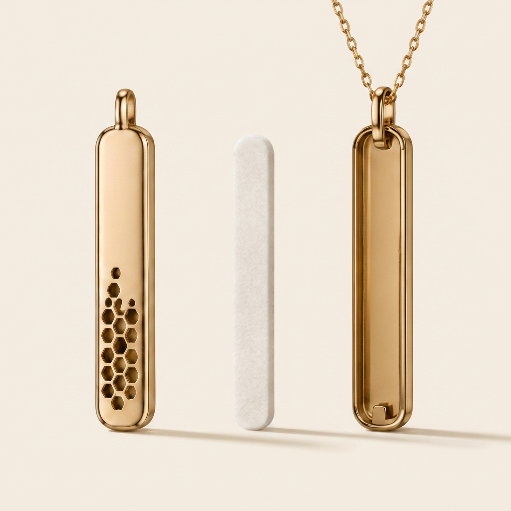 Inside the pendant: honeycomb vented front shell, clip back and the flat fragrance core