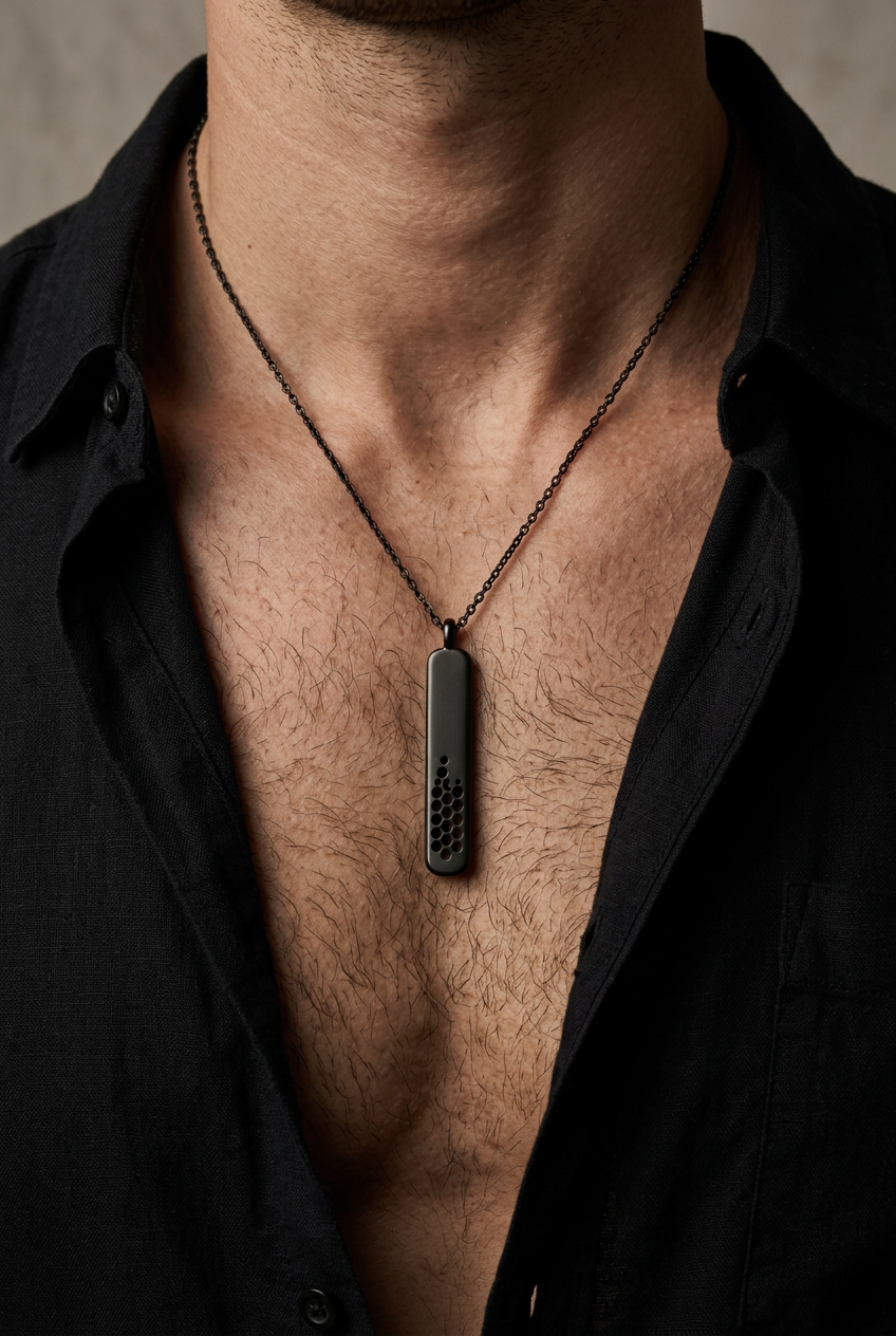 The black Auma scent pendant worn over an open black shirt