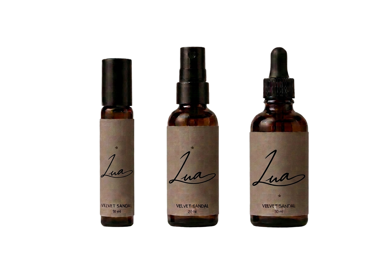 Velvet Sandal perfume oil in roller, dropper and elixir bottles